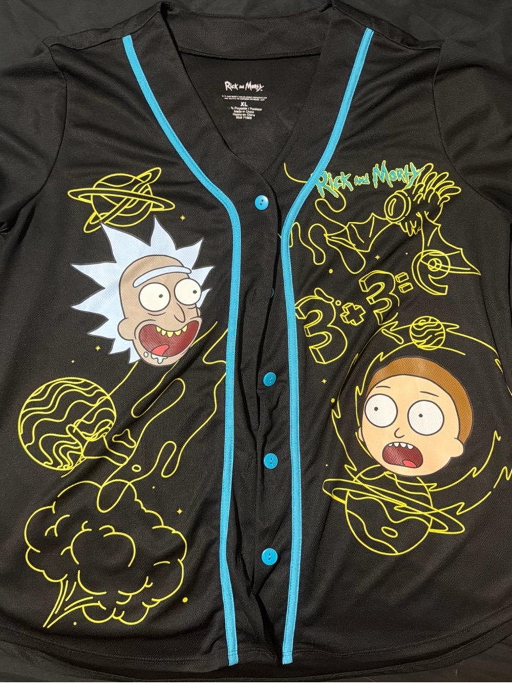 Rick and Morty Black Graphic Baseball Jersey with Teal Trim